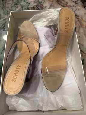 SCHUTZ Nude Suede Slide Mules with Clear Straps